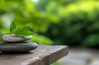 Zen stones balanced with fresh green leaves on wooden surface against blurred natural background, creating peaceful spa and meditation atmosphere.