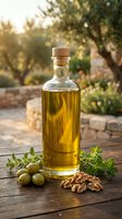 Bottle of golden olive oil with fresh olives and walnuts on wooden table in orchard garden setting for culinary and food styling use.
