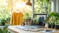 Stylish home office workspace with laptop displaying clothing item, surrounded by plants and fashion accessories in natural light.