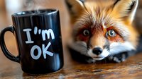 Red fox close-up portrait with bright blue eyes next to black coffee mug with positive message on wooden surface, creating cozy morning atmosphere.