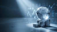 Global financial growth concept with transparent earth globe on stacked coins against rising market charts and data analytics background for investment success.