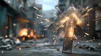 Dramatic metallic arrow pointing upward with glowing sparks and bokeh effects against dark background, creating dynamic business growth concept.