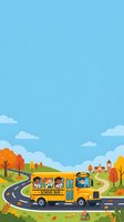 Yellow school bus filled with diverse children driving on winding road through autumn landscape with trees, clouds, and green hills. Suitable for educational materials, back-to-school campaigns, and children's content.