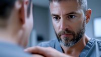 Mature male medical professional with gray beard wearing scrubs consults with patient in clinical setting. Serious expression conveys trust and expertise.