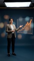 Professional businesswoman presenting financial growth chart with upward trending arrow in modern office environment for corporate presentations.