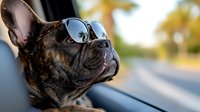 Brindle French Bulldog wearing reflective sunglasses looking out car window during summer road trip, palm tree reflection visible in lens, close up profile view.