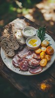 Rustic appetizer plate with sliced cured meat, cherry tomatoes, artisanal bread, and creamy dipping sauces garnished with fresh herbs on wooden surface.
