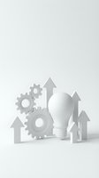 White light bulb surrounded by gray gears and upward arrows on neutral background, symbolizing innovation, business growth, and strategic planning for corporate presentations and marketing materials.