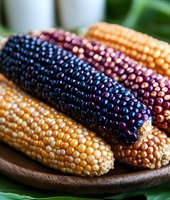 Fresh colorful corn cobs with yellow and purple kernels on wooden plate, close-up view of organic heirloom varieties showing natural texture and patterns.
