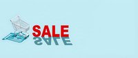 Shopping cart with bold red SALE text and mirror reflection on light blue background, retail discount promotion concept with copy space.
