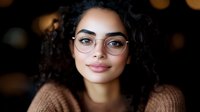 Young mixed race woman with curly dark hair and glasses smiling warmly at camera. Natural makeup, brown sweater, and soft bokeh background create welcoming professional portrait.