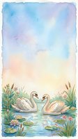 Two swans form a heart shape on a serene pond surrounded by water lilies, lotus flowers, and aquatic plants, with a soft watercolor sky gradient transitioning from blue to peachy tones.
