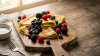 Golden crepes topped with fresh mixed berries including blackberries, blueberries and raspberries on rustic wooden cutting board for breakfast menu.