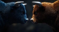 Blue and brown bears face to face in dramatic lighting, symbolizing market competition and financial trading concept on dark background.