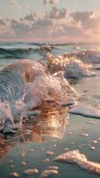 Ocean waves crashing on sandy beach shore during golden hour sunset with sparkling water reflections and dramatic cloudy sky creating peaceful seascape atmosphere.