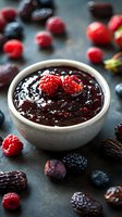 Fresh berry jam with dark chocolate in ceramic bowl garnished with raspberries, blueberries and dates on dark background, macro food photography.