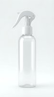 Clear spray bottle with white trigger pump dispenser on neutral background, suitable for cleaning products, disinfectants, or household solutions.