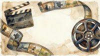 Vintage film production equipment arranged on aged paper with movie clapper board, film reels, and filmstrip frames creating a nostalgic cinema background for entertainment and media projects.