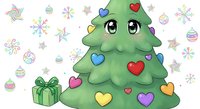 Adorable cartoon Christmas tree character with colorful heart ornaments and gift box, surrounded by festive snowflakes and baubles on white background.