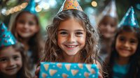 Young girl with curly brown hair wearing party hat holds birthday present, surrounded by friends at celebration with festive bokeh lights in background.