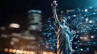 Statue of Liberty illuminated at night with digital network connections and glowing bokeh lights creating modern technology concept for digital transformation.
