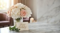 Elegant white and pink roses bouquet in glass vase with Happy Birthday card on marble table, soft natural lighting for greeting cards and celebrations.