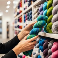Woman selecting colorful yarn skeins from craft store shelves with hands reaching for blue and green wool threads for knitting and crochet projects.
