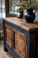 Rustic wooden sideboard with navy blue accents featuring natural wood grain texture and decorative white floral arrangement in ceramic pitcher. Interior design.