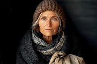 Elderly woman wearing knitted winter hat and warm scarf looking directly at camera with intense gaze against dark background, dramatic portrait lighting.
