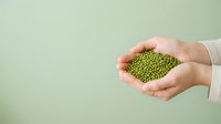 Hands holding green mung beans against soft sage background, showcasing organic legumes for cooking, nutrition, and healthy food concepts.