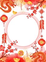 Chinese New Year frame with red dragons, lanterns, cherry blossoms and firecrackers on white background. Traditional Asian holiday border design.