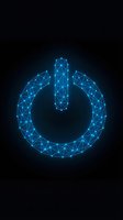 Glowing blue polygonal power button icon with connected dots and lines on dark background for technology and digital interface design.