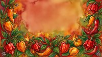 Vibrant watercolor border featuring red, orange and yellow peppers with green foliage on warm gradient background. Suitable for recipe cards, menus, cooking blogs and culinary designs.