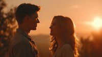 Romantic couple silhouetted against golden sunset sky, intimate moment between man and woman outdoors during magic hour for love and relationship concepts.