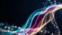 Abstract digital wave with glowing neon particles in cyan, magenta and gold colors flowing on dark background for technology and data visualization concepts.