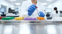Laboratory scientist in white coat and blue gloves holding test tube with red liquid sample over colorful vial rack in modern research facility.