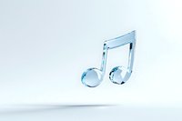 Transparent blue glass musical note symbol floating with shadow on light background, representing music and sound in modern design.