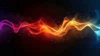 Abstract colorful energy wave flowing through cosmic space with vibrant rainbow spectrum from purple to orange against starry dark background.