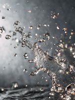 Dynamic water splash with scattered droplets captured in motion against dark background with glowing bokeh lights creating dramatic effect and texture.