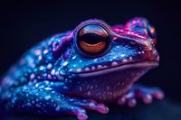 Vibrant blue and pink poison dart frog close-up portrait showing detailed texture of amphibian skin and striking orange eye against dark background.