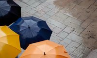 Colorful umbrellas on wet pavement create abstract composition with navy blue, yellow and orange parasols against stone texture background in rainy weather.