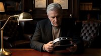 Mature man with gray hair and light complexion, wearing dark blazer over casual shirt, seated at wooden desk in upscale office library setting, holding tablet device, brass desk lamp and leather chair visible, professional workspace environment.