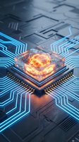 Futuristic computer processor chip with glowing orange core and blue circuit pathways on motherboard for technology and artificial intelligence concepts.