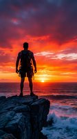 Male adventurer with backpack standing on rocky cliff overlooking ocean at dramatic sunset, silhouetted against vibrant orange and red sky with waves crashing below, representing travel, exploration, and outdoor adventure.