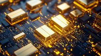 Glowing gold microchips on blue circuit board with dramatic lighting and shallow depth of field create futuristic technology background for computing concepts.