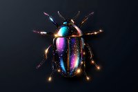 Iridescent beetle with metallic rainbow shell glowing against dark background, featuring vibrant colors and luminous details for nature and fantasy designs.