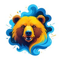 Fierce grizzly bear head with golden fur against swirling blue background, artistic style with dynamic color splashes and flowing lines on white background.