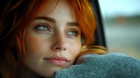 Young woman with red hair and dreamy expression resting on soft towel, natural makeup, freckles, close up portrait in warm evening light with shallow depth of field.
