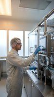 Male scientist in protective gear operating pharmaceutical manufacturing equipment in sterile laboratory environment for drug production and quality control.