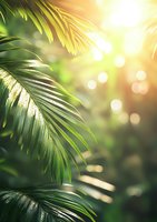 Sunlight filtering through tropical palm leaves creating magical bokeh effect and warm golden glow in lush green forest background.